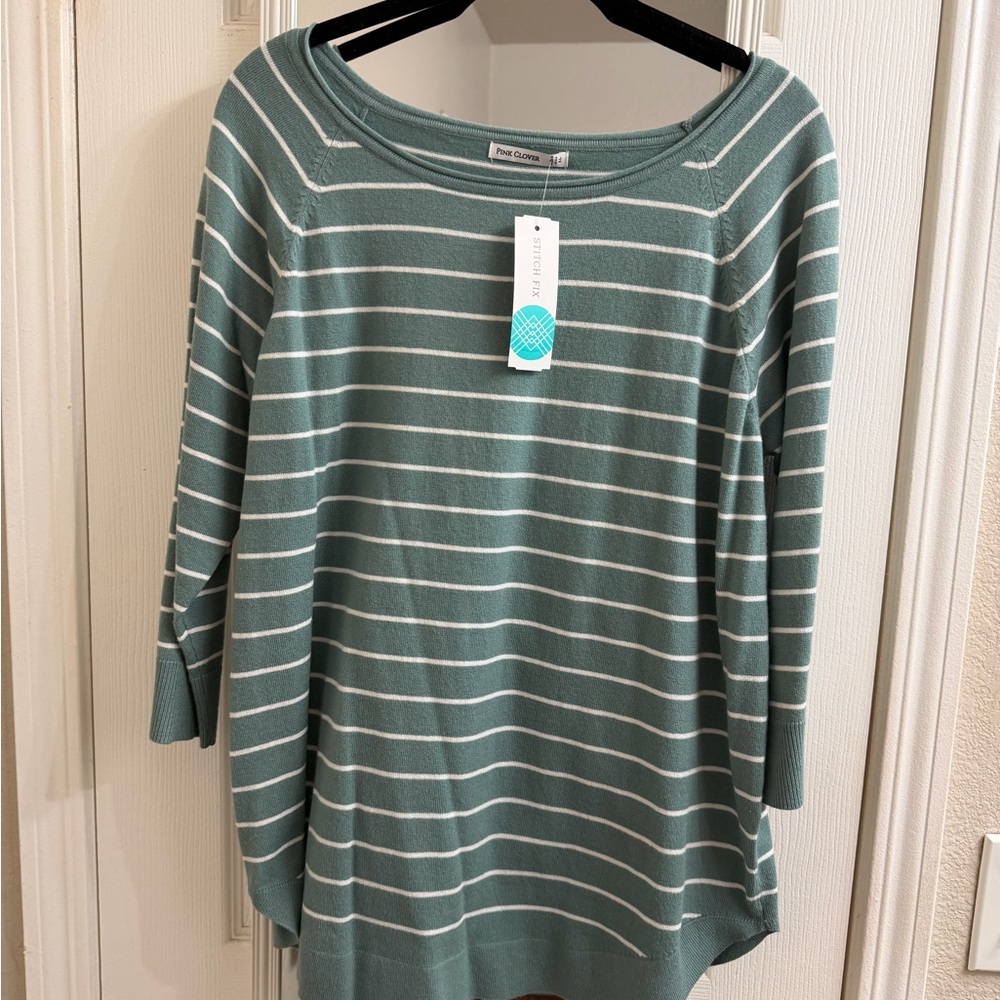 Pink Clover Teal and White Striped Pullover